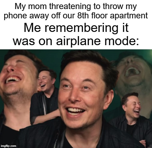 apartment | My mom threatening to throw my phone away off our 8th floor apartment; Me remembering it was on airplane mode: | image tagged in elon musk laughing,funny,memes,airplane,elon musk | made w/ Imgflip meme maker