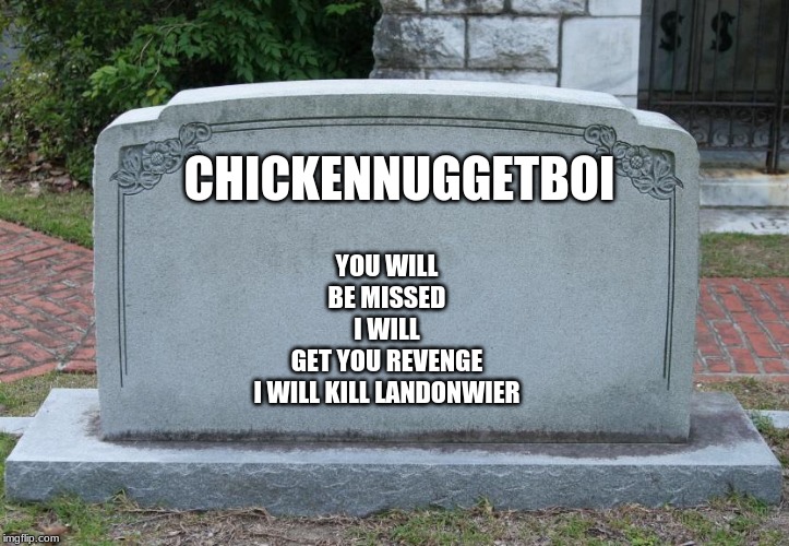 Gravestone | CHICKENNUGGETBOI; YOU WILL BE MISSED I WILL GET YOU REVENGE; I WILL KILL LANDONWIER | image tagged in gravestone | made w/ Imgflip meme maker