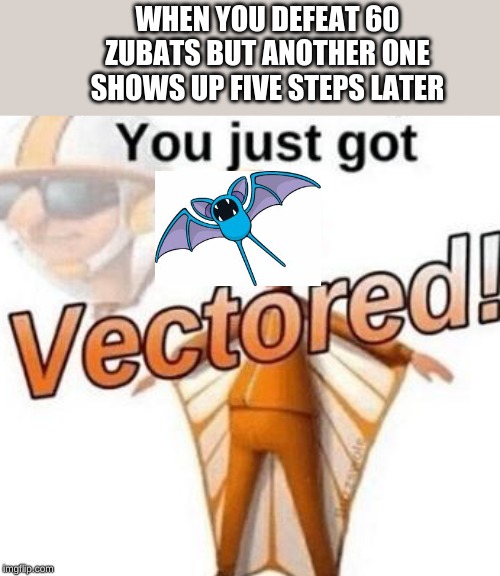 You just got vectored | WHEN YOU DEFEAT 60 ZUBATS BUT ANOTHER ONE SHOWS UP FIVE STEPS LATER | image tagged in you just got vectored | made w/ Imgflip meme maker