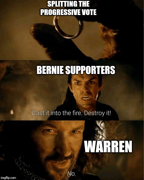 Cast it in the fire | SPLITTING THE PROGRESSIVE VOTE; BERNIE SUPPORTERS; WARREN | image tagged in cast it in the fire | made w/ Imgflip meme maker