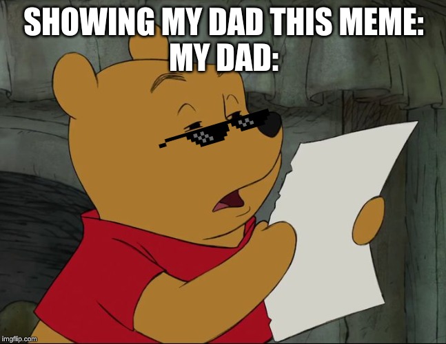 Winnie The Pooh | SHOWING MY DAD THIS MEME:
MY DAD: | image tagged in winnie the pooh | made w/ Imgflip meme maker