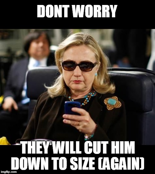 Hillary Clinton Cellphone Meme | DONT WORRY THEY WILL CUT HIM DOWN TO SIZE (AGAIN) | image tagged in memes,hillary clinton cellphone | made w/ Imgflip meme maker