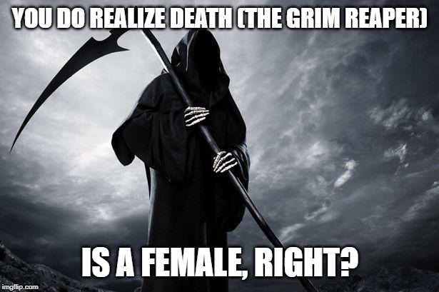 Death | YOU DO REALIZE DEATH (THE GRIM REAPER) IS A FEMALE, RIGHT? | image tagged in death | made w/ Imgflip meme maker