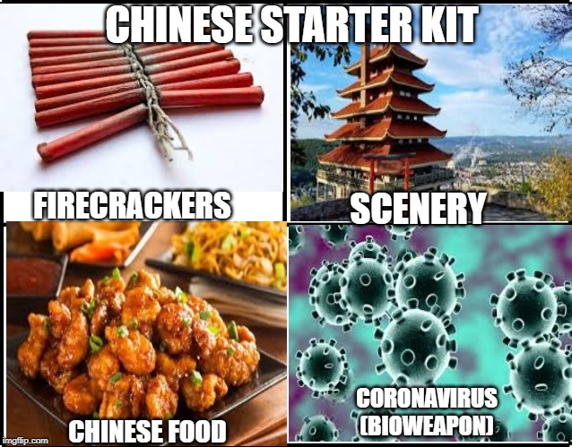 the 2020 Chinese Starter Kit | CHINESE STARTER KIT; FIRECRACKERS; SCENERY; CORONAVIRUS
(BIOWEAPON); CHINESE FOOD | image tagged in my dolly parton challenge,chinese,coronavirus | made w/ Imgflip meme maker