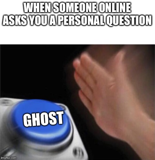 WHEN SOMEONE ONLINE ASKS YOU A PERSONAL QUESTION; GHOST | image tagged in blank white template,memes,blank nut button | made w/ Imgflip meme maker