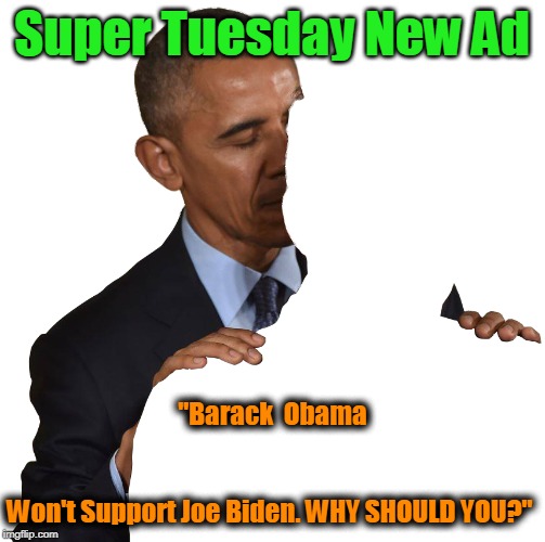 GREAT Question!! | "Barack  Obama                       
Won't Support Joe Biden. WHY SHOULD YOU?"; Super Tuesday New Ad | image tagged in politics,political meme,politics lol,politicians,biden,obama | made w/ Imgflip meme maker