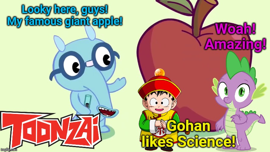 Science with Sniffles (HTF Crossover) | Looky here, guys! My famous giant apple! Woah! Amazing! Gohan likes Science! | image tagged in crossover,toonzai,happy tree friends,animation,gohan,science | made w/ Imgflip meme maker