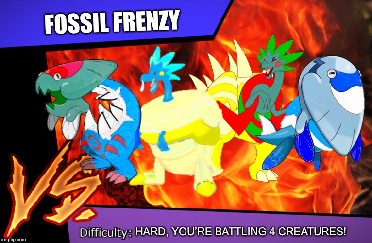 Either 1 at a time or all 4 at once | FOSSIL FRENZY; HARD, YOU’RE BATTLING 4 CREATURES! | image tagged in raid battle | made w/ Imgflip meme maker