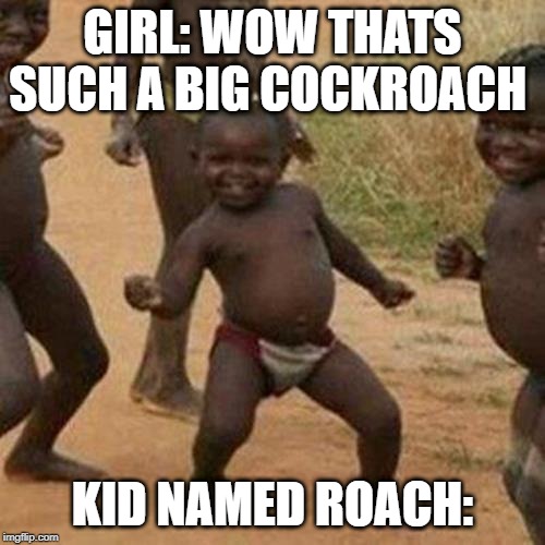 Third World Success Kid Meme | GIRL: WOW THATS SUCH A BIG COCKROACH; KID NAMED ROACH: | image tagged in memes,third world success kid | made w/ Imgflip meme maker
