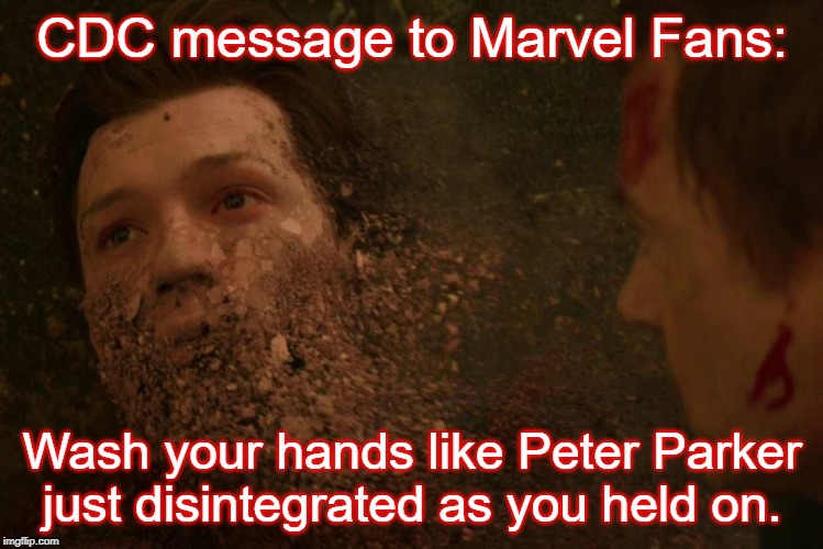 Peter Parker Dust | CDC message to Marvel Fans:; Wash your hands like Peter Parker just disintegrated as you held on. | image tagged in peter parker dust | made w/ Imgflip meme maker