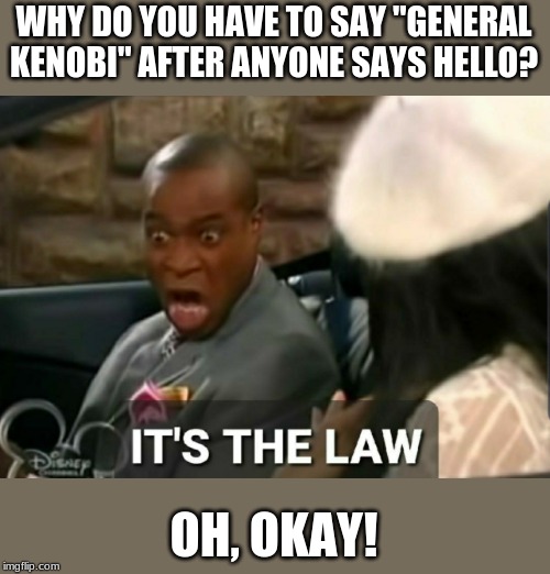 It's the law | WHY DO YOU HAVE TO SAY "GENERAL KENOBI" AFTER ANYONE SAYS HELLO? OH, OKAY! | image tagged in it's the law | made w/ Imgflip meme maker