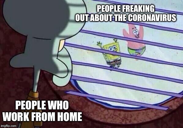 Squidward window | PEOPLE FREAKING OUT ABOUT THE CORONAVIRUS; PEOPLE WHO WORK FROM HOME | image tagged in squidward window | made w/ Imgflip meme maker