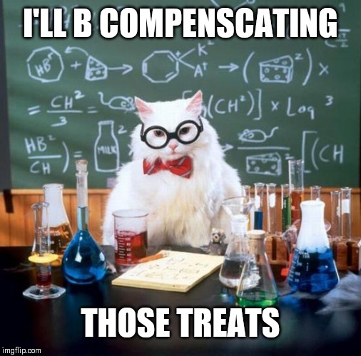 Chemistry Cat Meme | I'LL B COMPENSCATING; THOSE TREATS | image tagged in memes,chemistry cat | made w/ Imgflip meme maker