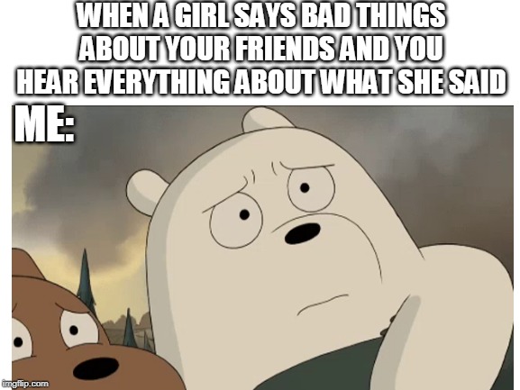 insulted memes | WHEN A GIRL SAYS BAD THINGS ABOUT YOUR FRIENDS AND YOU HEAR EVERYTHING ABOUT WHAT SHE SAID; ME: | image tagged in blank white template | made w/ Imgflip meme maker