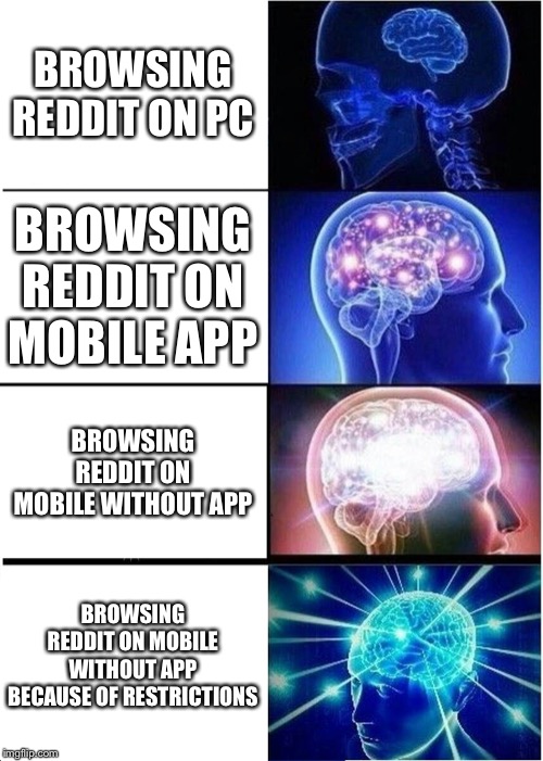 Expanding Brain Meme | BROWSING REDDIT ON PC; BROWSING REDDIT ON MOBILE APP; BROWSING REDDIT ON MOBILE WITHOUT APP; BROWSING REDDIT ON MOBILE WITHOUT APP BECAUSE OF RESTRICTIONS | image tagged in memes,expanding brain | made w/ Imgflip meme maker