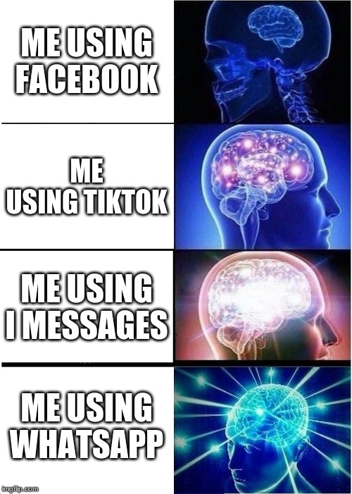 Expanding Brain | ME USING FACEBOOK; ME USING TIKTOK; ME USING I MESSAGES; ME USING WHATSAPP | image tagged in memes,expanding brain | made w/ Imgflip meme maker