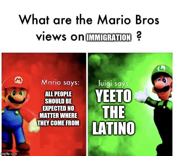 What are the mario bros views on:      ? | IMMIGRATION; ALL PEOPLE SHOULD BE EXPECTED NO MATTER WHERE THEY COME FROM; YEETO THE LATINO | image tagged in what are the mario bros views on | made w/ Imgflip meme maker