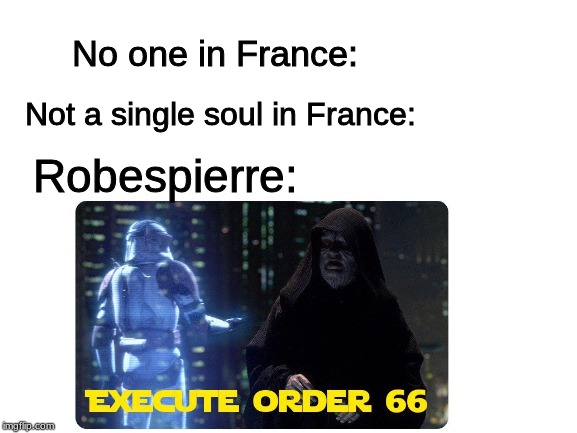 The French Revolution in a Nutshell |  No one in France:; Not a single soul in France:; Robespierre: | image tagged in french revolution,history meme,star wars,star wars order 66 | made w/ Imgflip meme maker