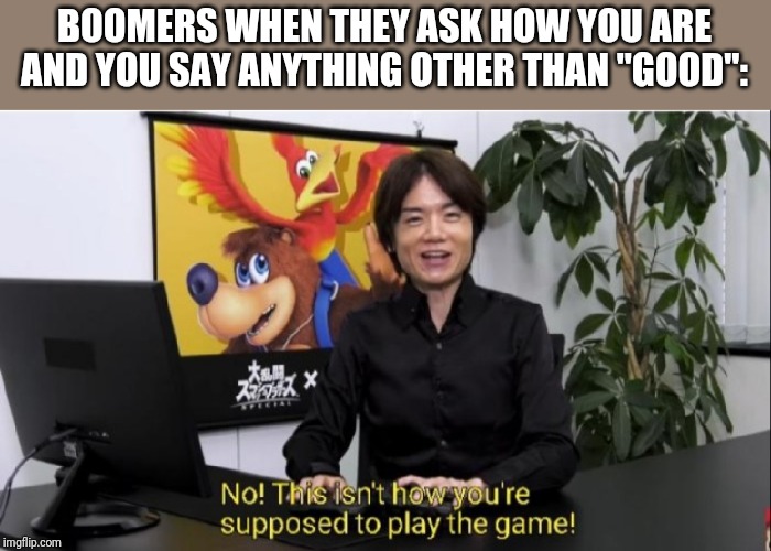 This isn't how you're supposed to play the game! | BOOMERS WHEN THEY ASK HOW YOU ARE AND YOU SAY ANYTHING OTHER THAN "GOOD": | image tagged in this isn't how you're supposed to play the game | made w/ Imgflip meme maker
