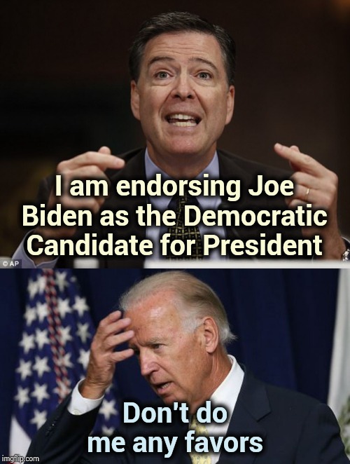 All the best criminals like Joe | I am endorsing Joe Biden as the Democratic Candidate for President; Don't do me any favors | image tagged in joe biden worries,james comey,senate,well yes but actually no,the thing,when you know | made w/ Imgflip meme maker