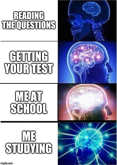 Expanding Brain | READING THE QUESTIONS; GETTING YOUR TEST; ME AT SCHOOL; ME STUDYING | image tagged in memes,expanding brain | made w/ Imgflip meme maker