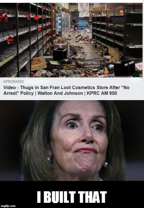 The poor woman who ran the store looked like she was going to have a heart attack..all that hard work gone.. | I BUILT THAT | image tagged in pelosi with gas | made w/ Imgflip meme maker