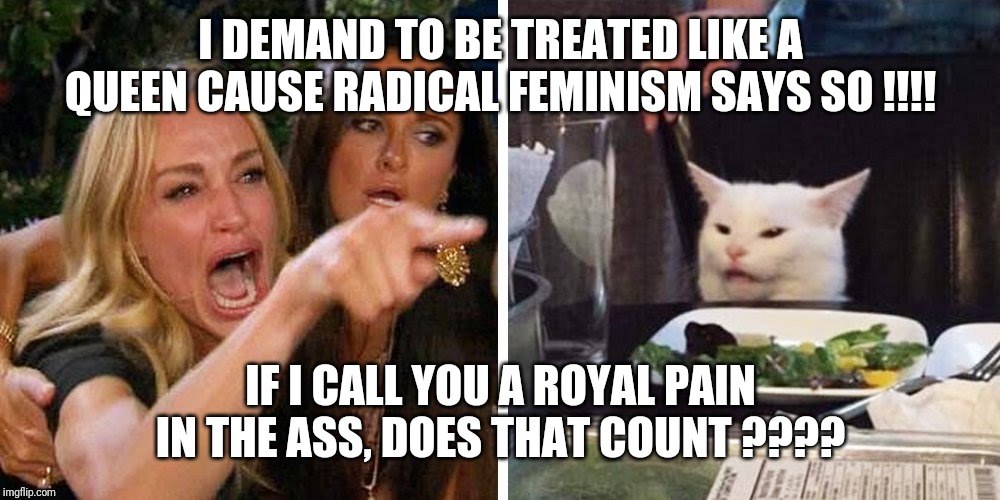 Smudge the cat | I DEMAND TO BE TREATED LIKE A QUEEN CAUSE RADICAL FEMINISM SAYS SO !!!! IF I CALL YOU A ROYAL PAIN IN THE ASS, DOES THAT COUNT ???? | image tagged in smudge the cat | made w/ Imgflip meme maker