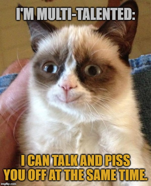 Once Again ≧^◡^≦ | I'M MULTI-TALENTED:; I CAN TALK AND PISS YOU OFF AT THE SAME TIME. | image tagged in memes,grumpy cat happy,grumpy cat | made w/ Imgflip meme maker