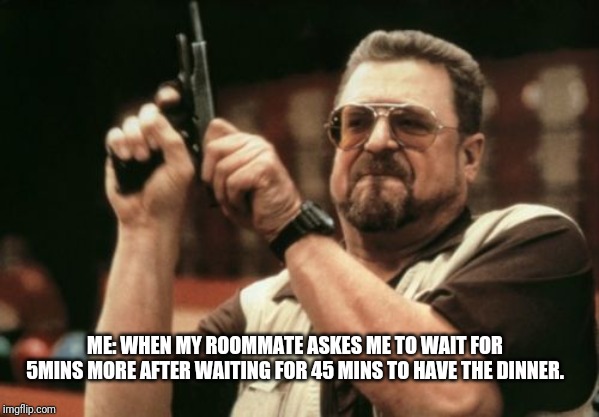 Am I The Only One Around Here | ME: WHEN MY ROOMMATE ASKES ME TO WAIT FOR 5MINS MORE AFTER WAITING FOR 45 MINS TO HAVE THE DINNER. | image tagged in memes,am i the only one around here | made w/ Imgflip meme maker