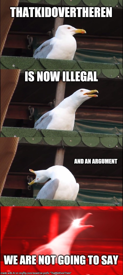 I made the AI make a meme about me, and I don't think they know WhO tHeY aRe TaLkInG tO | THATKIDOVERTHEREN; IS NOW ILLEGAL; AND AN ARGUMENT; WE ARE NOT GOING TO SAY | image tagged in memes,inhaling seagull | made w/ Imgflip meme maker