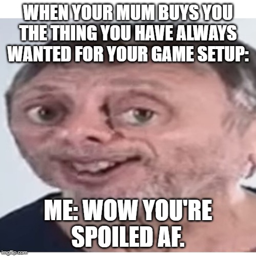 Noice | WHEN YOUR MUM BUYS YOU THE THING YOU HAVE ALWAYS WANTED FOR YOUR GAME SETUP:; ME: WOW YOU'RE SPOILED AF. | image tagged in noice | made w/ Imgflip meme maker