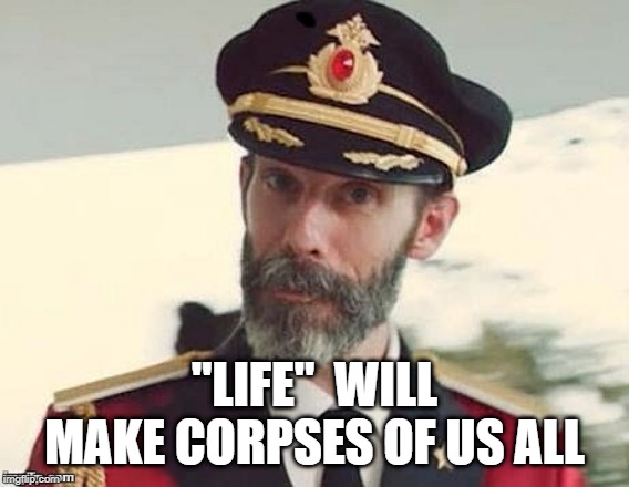 Captain Obvious | "LIFE"  WILL MAKE CORPSES OF US ALL | image tagged in captain obvious | made w/ Imgflip meme maker