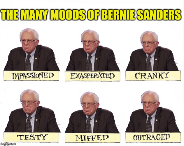 The many moods of Bernie Sanders... | THE MANY MOODS OF BERNIE SANDERS | image tagged in many moods of bernie sanders,ConservativeMemes | made w/ Imgflip meme maker