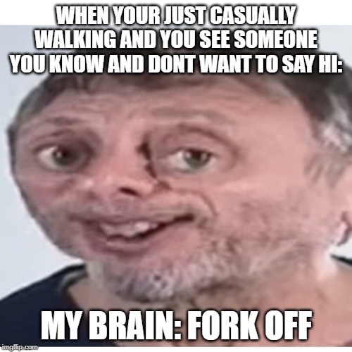 Casual walk and fork off. | WHEN YOUR JUST CASUALLY WALKING AND YOU SEE SOMEONE YOU KNOW AND DONT WANT TO SAY HI:; MY BRAIN: FORK OFF | image tagged in noice | made w/ Imgflip meme maker