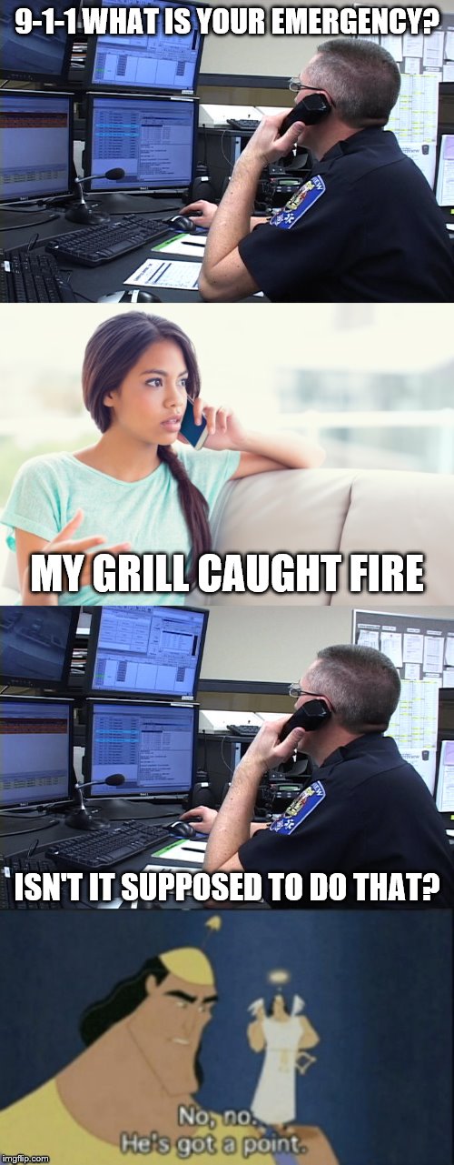 (Insert Morgan Freeman here?) | 9-1-1 WHAT IS YOUR EMERGENCY? MY GRILL CAUGHT FIRE; ISN'T IT SUPPOSED TO DO THAT? | image tagged in 911 what is your emergency,no no hes got a point,grilling,fire | made w/ Imgflip meme maker