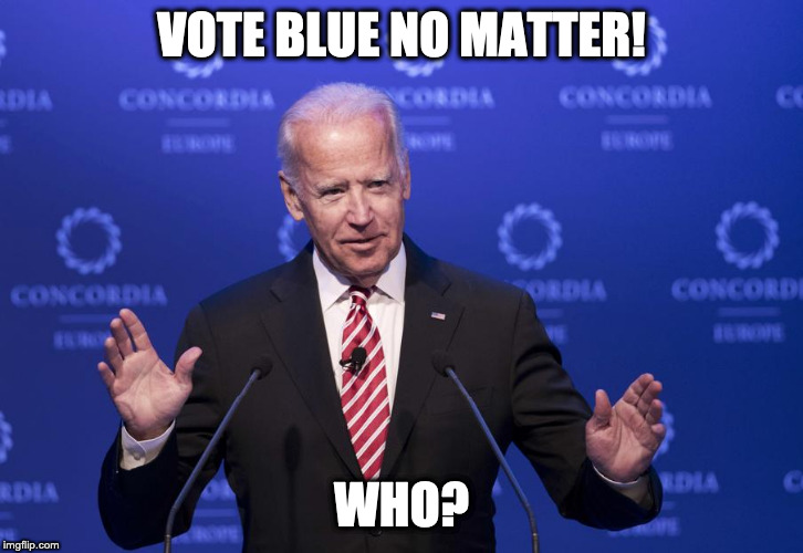 Joe Biden | VOTE BLUE NO MATTER! WHO? | image tagged in joe biden | made w/ Imgflip meme maker