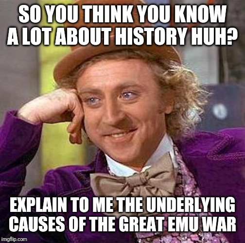 Creepy Condescending Wonka | SO YOU THINK YOU KNOW A LOT ABOUT HISTORY HUH? EXPLAIN TO ME THE UNDERLYING CAUSES OF THE GREAT EMU WAR | image tagged in memes,creepy condescending wonka | made w/ Imgflip meme maker