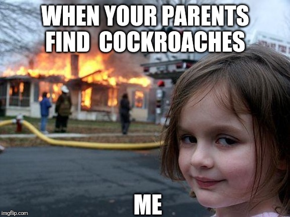 Disaster Girl Meme | WHEN YOUR PARENTS FIND  COCKROACHES; ME | image tagged in memes,disaster girl | made w/ Imgflip meme maker