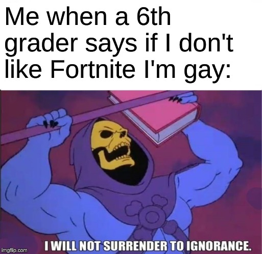 Grey skull | Me when a 6th grader says if I don't like Fortnite I'm gay: | image tagged in grey skull | made w/ Imgflip meme maker