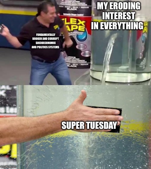 Yer dumb. Everything sux. | MY ERODING INTEREST IN EVERYTHING; FUNDAMENTALLY BROKEN AND CORRUPT SOCIOECONOMIC AND POLITICS SYSTEMS; SUPER TUESDAY | image tagged in flex tape | made w/ Imgflip meme maker