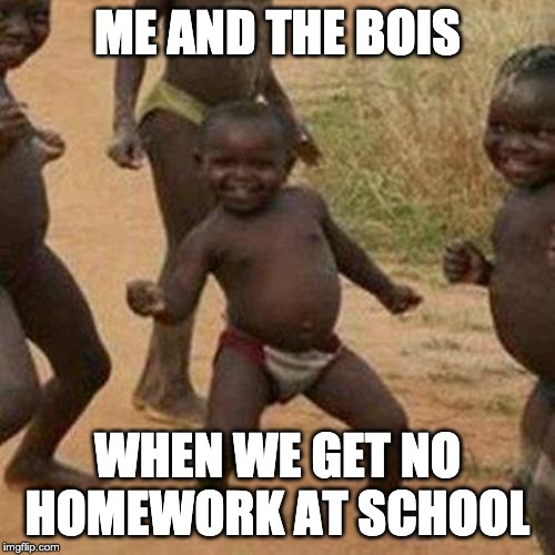 Third World Success Kid Meme | ME AND THE BOIS; WHEN WE GET NO HOMEWORK AT SCHOOL | image tagged in memes,third world success kid | made w/ Imgflip meme maker