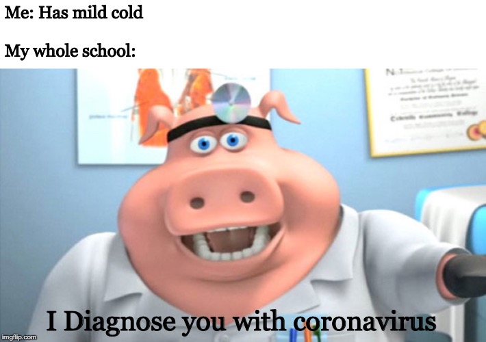 I Diagnose You With Dead | Me: Has mild cold

 
My whole school:; I Diagnose you with coronavirus | image tagged in i diagnose you with dead | made w/ Imgflip meme maker