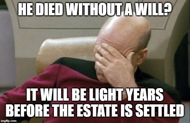 Captain Picard Facepalm Meme | HE DIED WITHOUT A WILL? IT WILL BE LIGHT YEARS BEFORE THE ESTATE IS SETTLED | image tagged in memes,captain picard facepalm | made w/ Imgflip meme maker