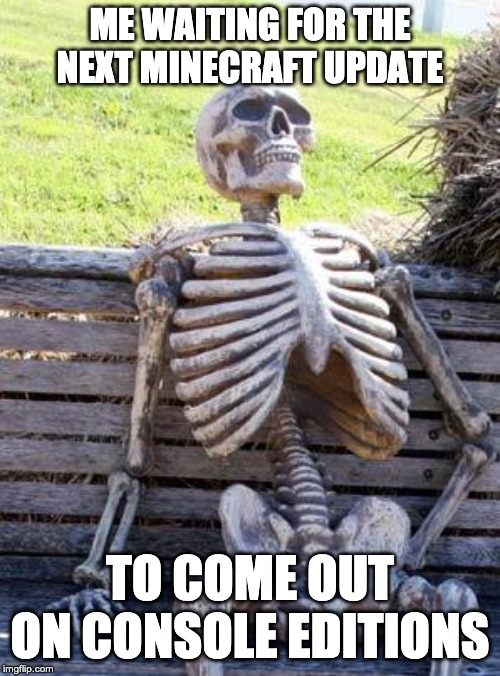 Waiting Skeleton | ME WAITING FOR THE NEXT MINECRAFT UPDATE; TO COME OUT ON CONSOLE EDITIONS | image tagged in memes,waiting skeleton | made w/ Imgflip meme maker