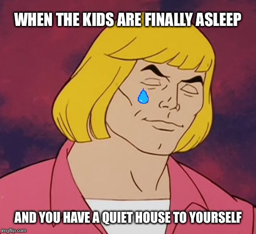Some Days Are Like That | WHEN THE KIDS ARE FINALLY ASLEEP; AND YOU HAVE A QUIET HOUSE TO YOURSELF | image tagged in heman,parenting,quiet,tears of joy,tears | made w/ Imgflip meme maker
