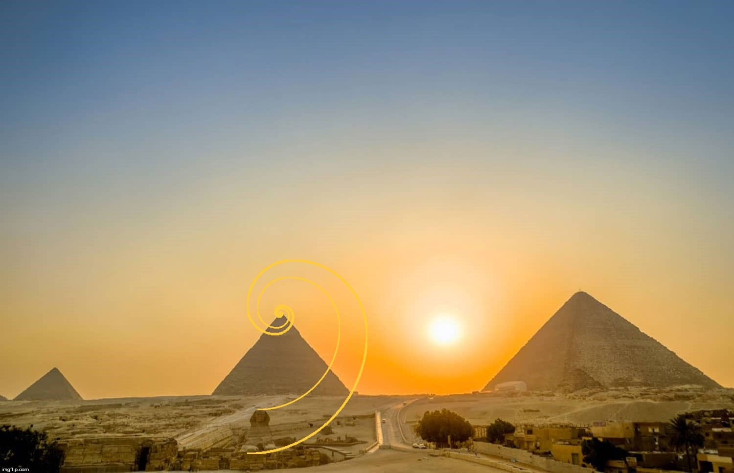 The Great Sphinx and the Pyramid of Khafre with a Golden Spiral overlay. | image tagged in the golden ratio,the great sphinx,egypt,giza,pyramids,geometry | made w/ Imgflip meme maker