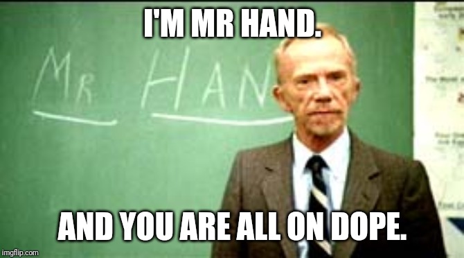 fast times at ridgemont high | I'M MR HAND. AND YOU ARE ALL ON DOPE. | image tagged in fast times at ridgemont high | made w/ Imgflip meme maker