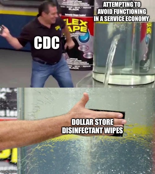 Flex Tape | ATTEMPTING TO AVOID FUNCTIONING IN A SERVICE ECONOMY; CDC; DOLLAR STORE DISINFECTANT WIPES | image tagged in flex tape | made w/ Imgflip meme maker