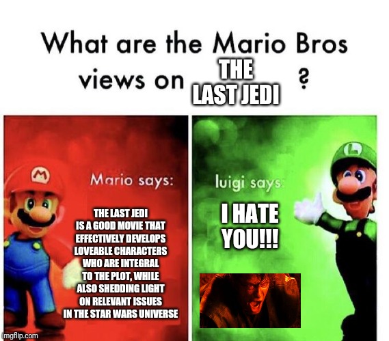 Mario Bros Views | THE LAST JEDI; THE LAST JEDI IS A GOOD MOVIE THAT EFFECTIVELY DEVELOPS LOVEABLE CHARACTERS WHO ARE INTEGRAL TO THE PLOT, WHILE ALSO SHEDDING LIGHT ON RELEVANT ISSUES IN THE STAR WARS UNIVERSE; I HATE YOU!!! | image tagged in mario bros views | made w/ Imgflip meme maker