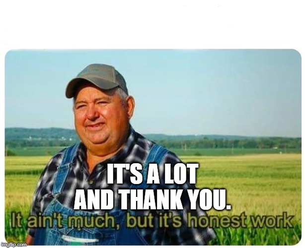 Honest work | IT'S A LOT
AND THANK YOU. | image tagged in honest work | made w/ Imgflip meme maker